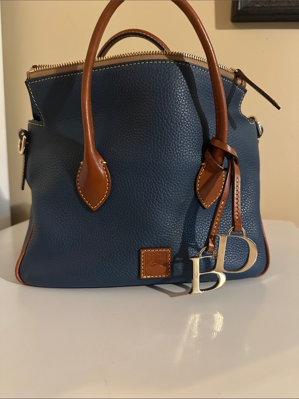 Dooney & Bourke Navy Pebble Leather Satchel With Brown Trim